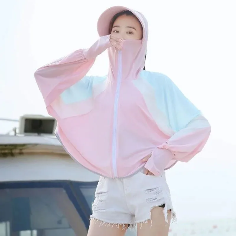 2024 Women Sunscreen Hat Ice Silk Coat Fashion Protection Hooded UV Short Jacket Female Quick Dry Thin Sun-proof UPF50+ Outwear