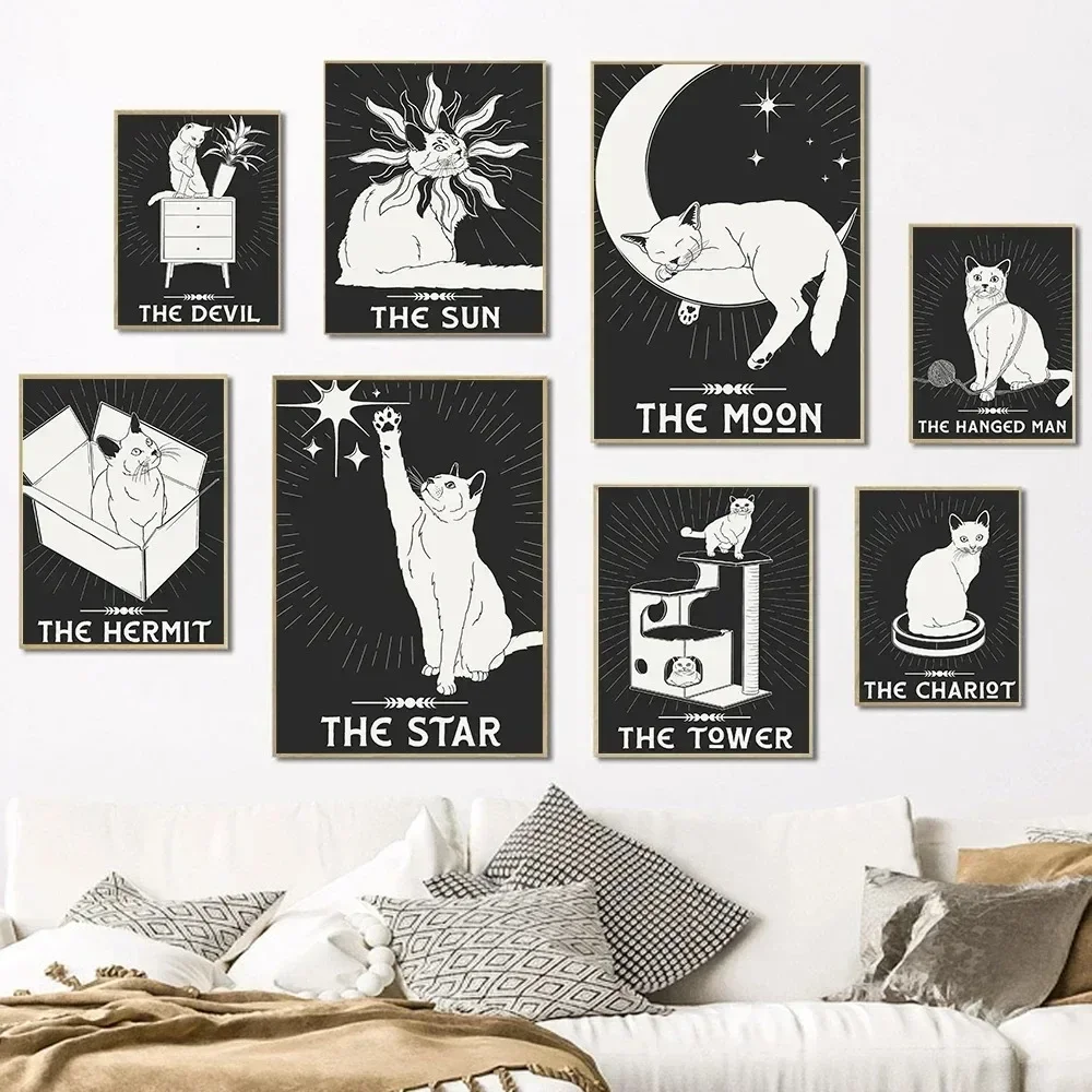 Póster minimalista de tarot de gato Retro blanco y negro, impresión del amante, sol, Luna, estrella, arte de pared del mundo, pintura en lienzo para habitación, decoración del hogar