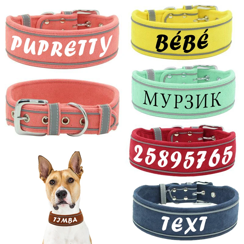 Personalized Dog Collar Suede Necklace Wide Padded Pet ID Collars Free Print Dogs Name Collars for Medium Large Dogs Bulldog