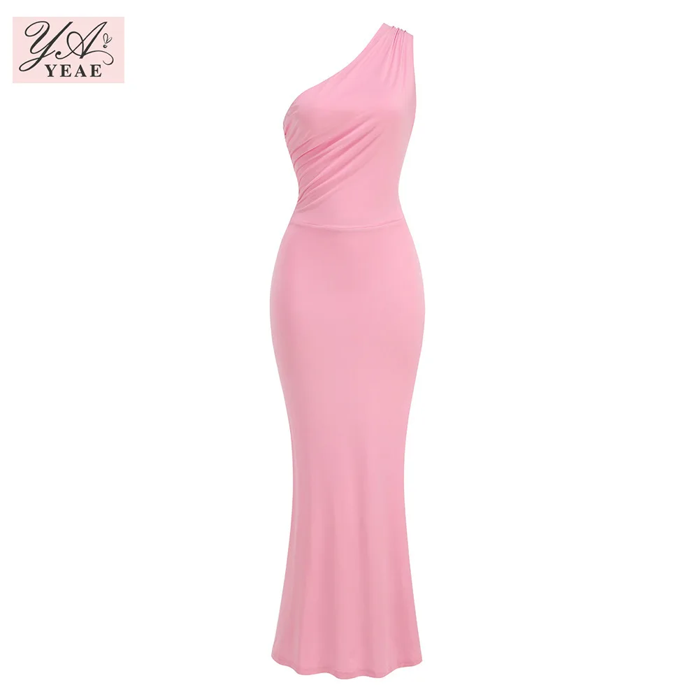 Pink Color Women Sexy One Shoulder Backless Bodycon Long Dress Fashion Celebrate Birthday Party Girls' Date Dress Vestido