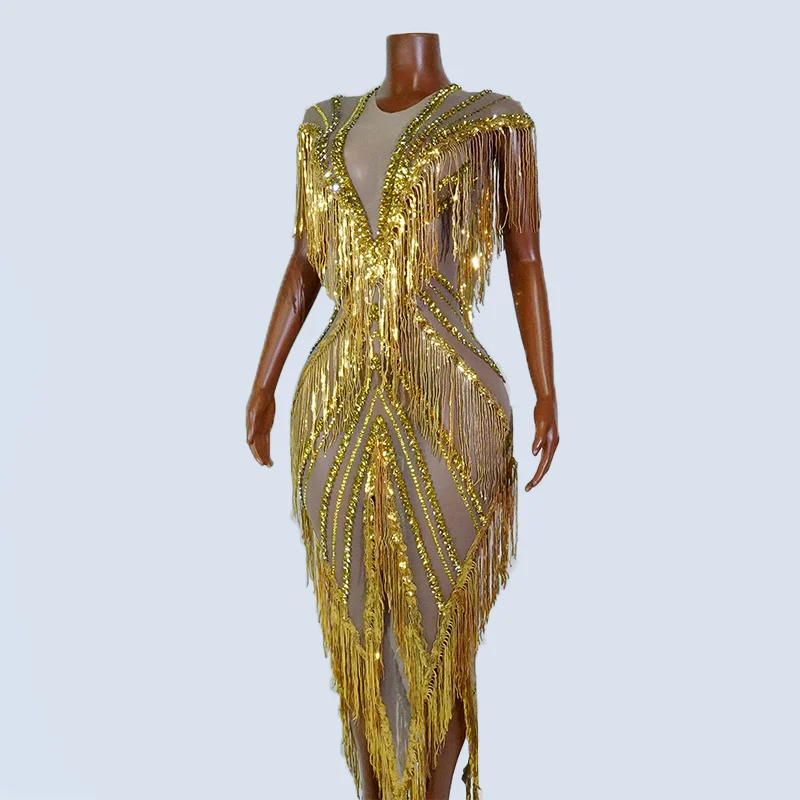 

Luxury Mesh Sparkly Rhinestone Tassels Long Dresses Sexy Evening Costume Women Nightclub Singer Stage Outfit Dance Birthday