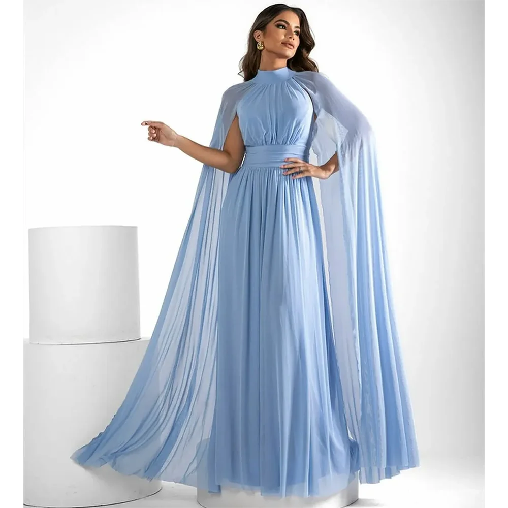 

Classy Long Light Blue Cape A-Line High Neck Chiffon Pleated Prom Dresses With Floor Length Zipper Back Prom Dresses