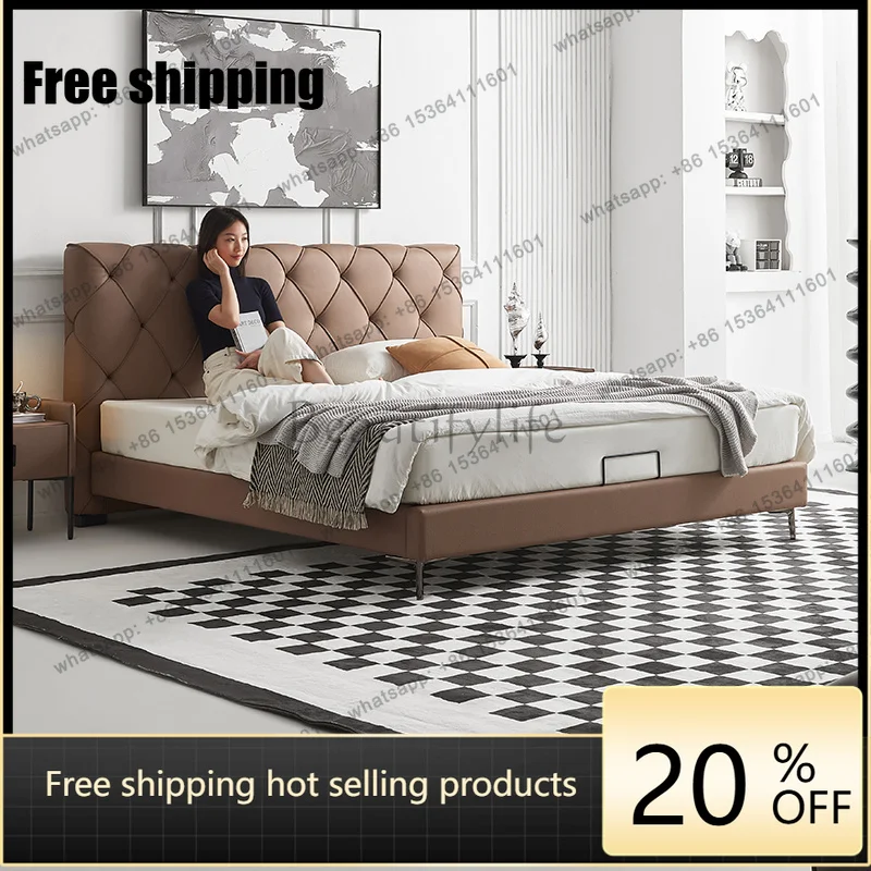 LJY Decoration Brown Double Bed Luxury Minimalist Modern Pliable Double Bed Accessories Household Cama Twin Furniture For Home