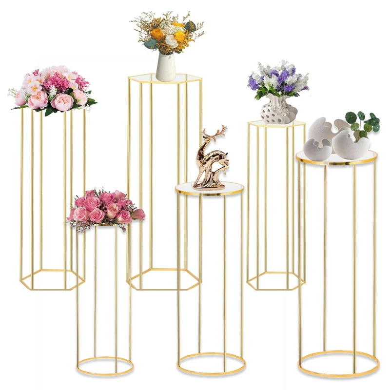 Soportes redondos de polígono de Metal, florero de columna para suelo, mesa, pastel, soportes de Pedestal hexagonal para centros de mesa, decoración para fiesta de cumpleaños y boda