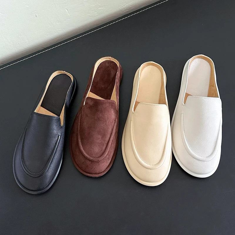 

Женские полутапочки на плоской подошве Dermis, новинка лета 2023, мягкие удобные лоферы с круглым носком из овчины, уличные женские тапочки, повседневная обувь