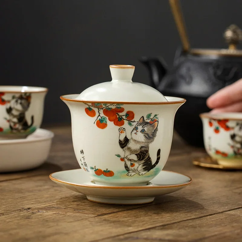 

Ретро RuYao Gai Wan Cute Cat Under Persimmon Tree Чайная посуда Ru Kiln Керамическая чаша Чайная машина Gaiwan Kung Fu Чайная посуда Чайная церемония