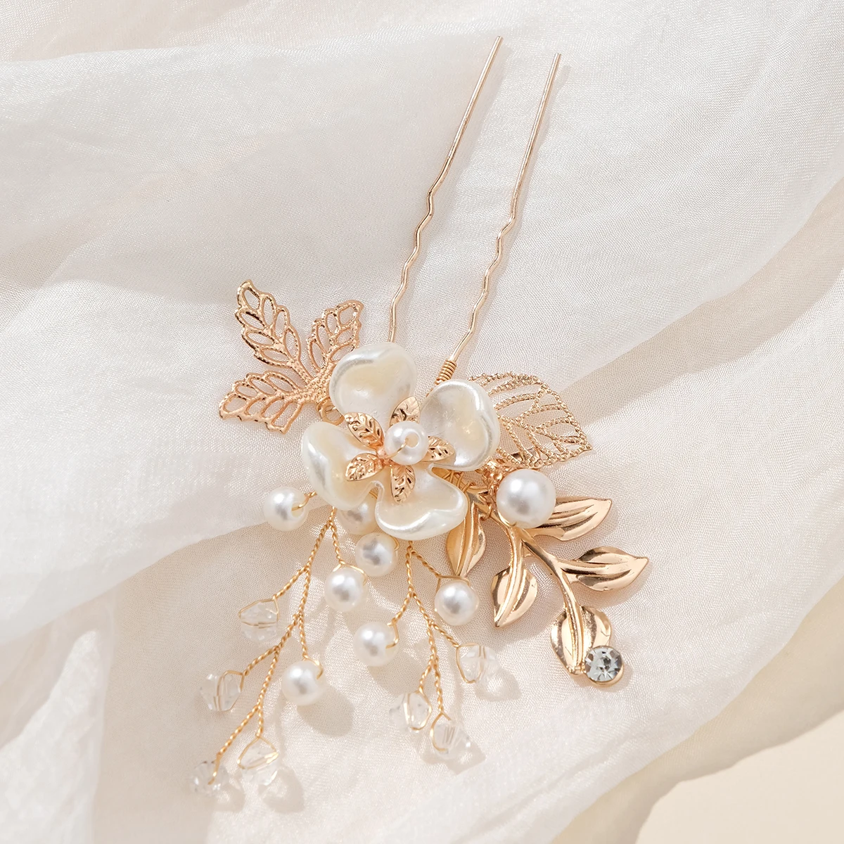 Gold Alloy Flower Hairpin Leaf Design Pearl Crystal Hair Sticks Elegant Women\'s Headwear Accessories Jewelry Bridesmaid Gifts