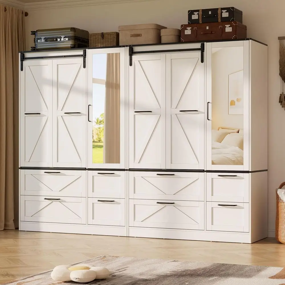 

72.83 Tall Sliding Barn Door Wardrobe Closet with Mirror, Sensor Lights, Hanging Rod for Bedroom