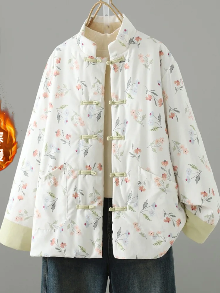 

Thiened Cotton Jaet Women's Large Size Winter Coat Traditional Chinese Sle Printed Warm Clothing with Button Design