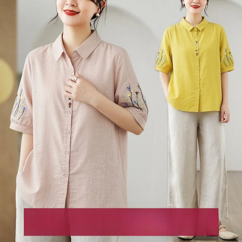 

Elegant Summer Cotton Shirt Women's Short Sleeve Embroidered Design Breathable Comfortable Casual Fashion Chinese Style Top