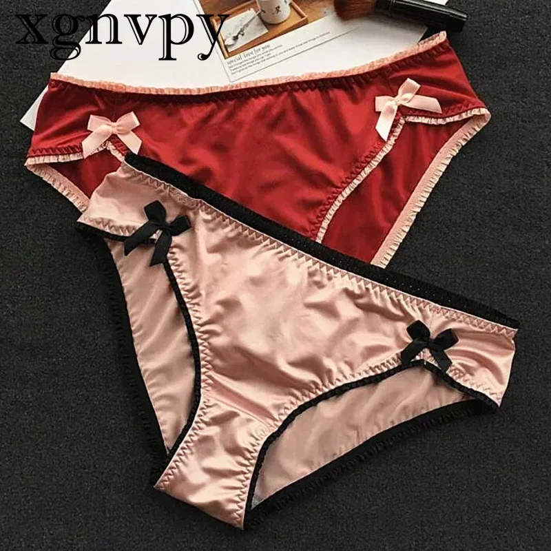 xgnvpy Luxury Bow Women\'s Underwear Vintage Solid Satin Cotton Seamless Briefs Sexy Panties Thongs Feminine Lingerie Lacy