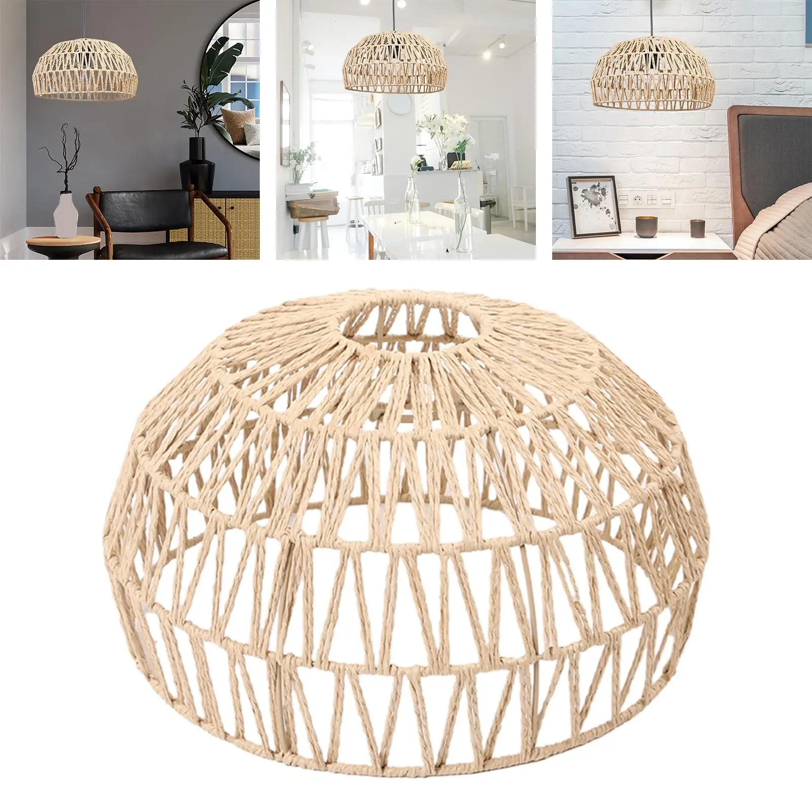Bohemian Paper Rope Woven Lampshade Chandelier Lantern Pendant Lamp Shade Bulb Guard for Hotel, Living Room, Cafe Decoration