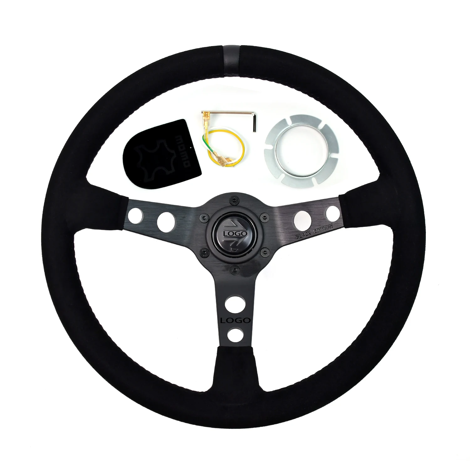 

Universal MOD07 Black Edition Steering Wheel 350mm 14inch Suede Bracket Thickness 5mm Black Stitch with 1 Stripe For mo mo