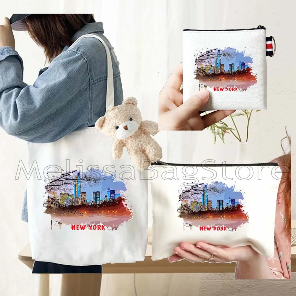 4PCS Gift Set New York City Black Canvas Tote Bag Handbag with Doll Key Coin Purse Cosmetic Makeup Toilet Bag Case Pouch