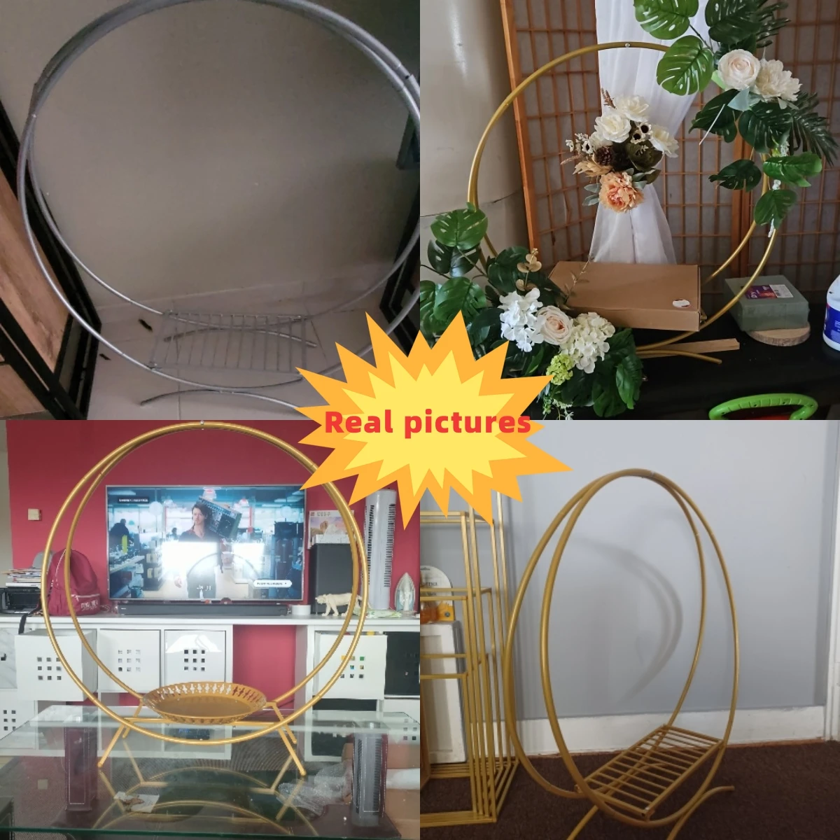 Gold/ Silver Double Circle Wedding Arch Rack Cake Display Stand Balloons Flower Holder Background Silver/Gold