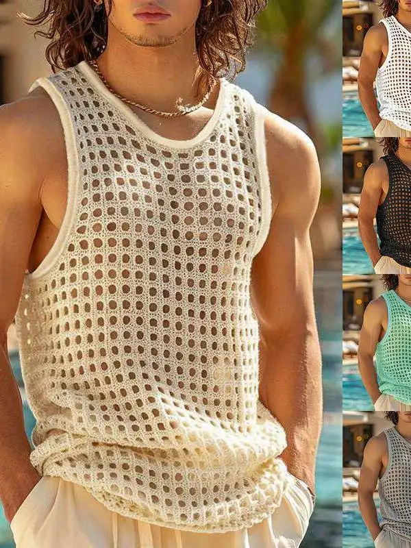 Men's Hollow out Fitness Sports T-Shirt Knitted Muscle Top Casual Loose Fit Polyester Fiber U-Neckline Warmth Daily Wear