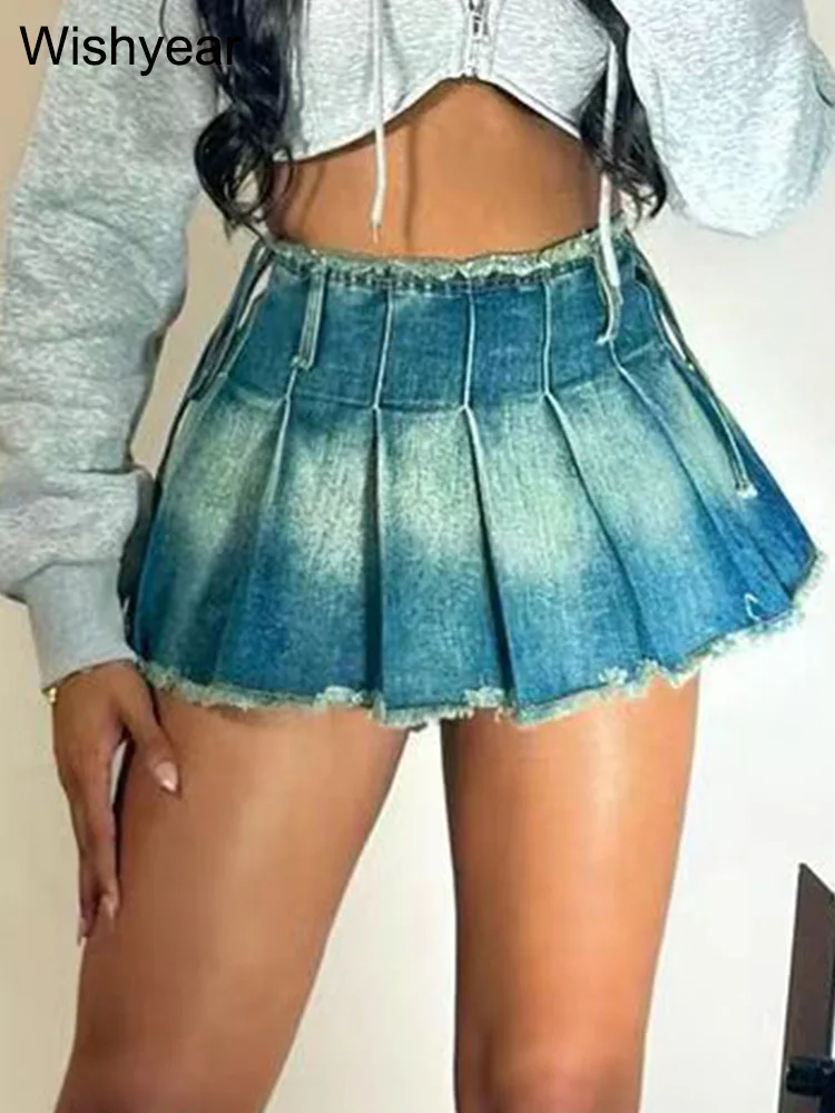 Женская джинсовая мини-юбка в стиле Харадзюку, синяя эластичная плиссированная летняя винтажная Универсальная джинсовая короткая юбка с оборками, Клубная одежда для девушек