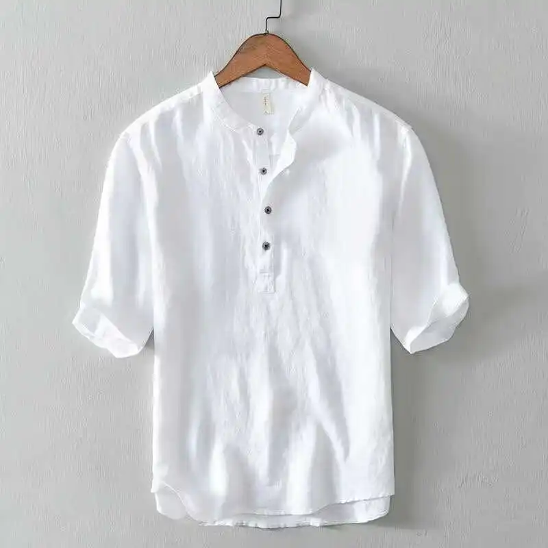 

Linen Short Sleeve T-Shirt Men's Summer round Neck Stand Collar Cotton Linen Body Shirt White Breathable Thin Shirt