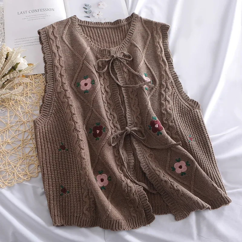 Kimotimo Gilet in maglia con ricamo Donna Autunno Versatile O-Collo Cardigan senza maniche con lacci Gilet maglione artistico retrò francese