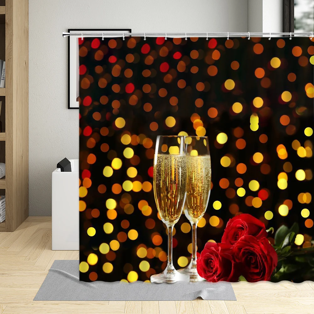 Romantic Valentine\'s Day Shower Curtain Couples Red Rose Flower Wine Glass Butterfly Piano Keys Home Bathroom Waterproof Fabric