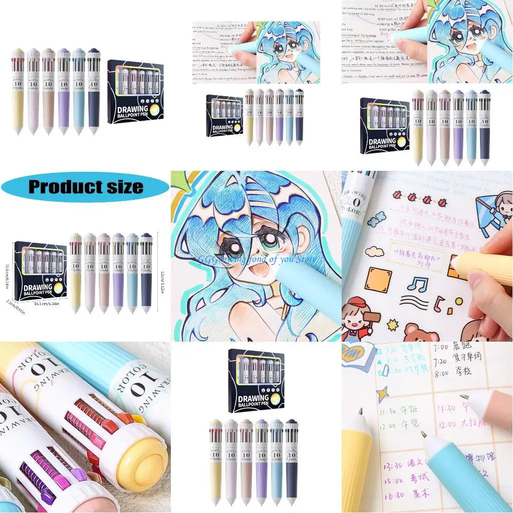 

H9EB 6Pcs Retractable Multicolored Pen 10-Color-in-1 Writing Pens Multicolored Ballpoint Pen for School Office Supplies