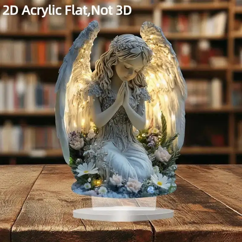 Acrylic Praying Angel Stand With Warm LED Lights And Floral Decor Perfect For Home Desktop Ornament Memorial Gift
