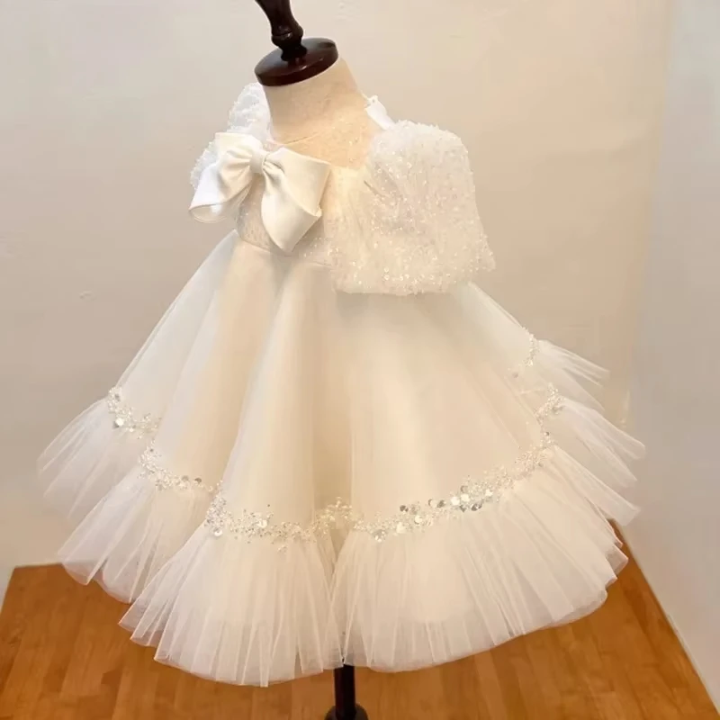 2025 vestido tutú blanco brillante de gama alta, traje de fiesta de boda para niña con flores de cumpleaños, vestido de princesa de estilo coreano para niñas