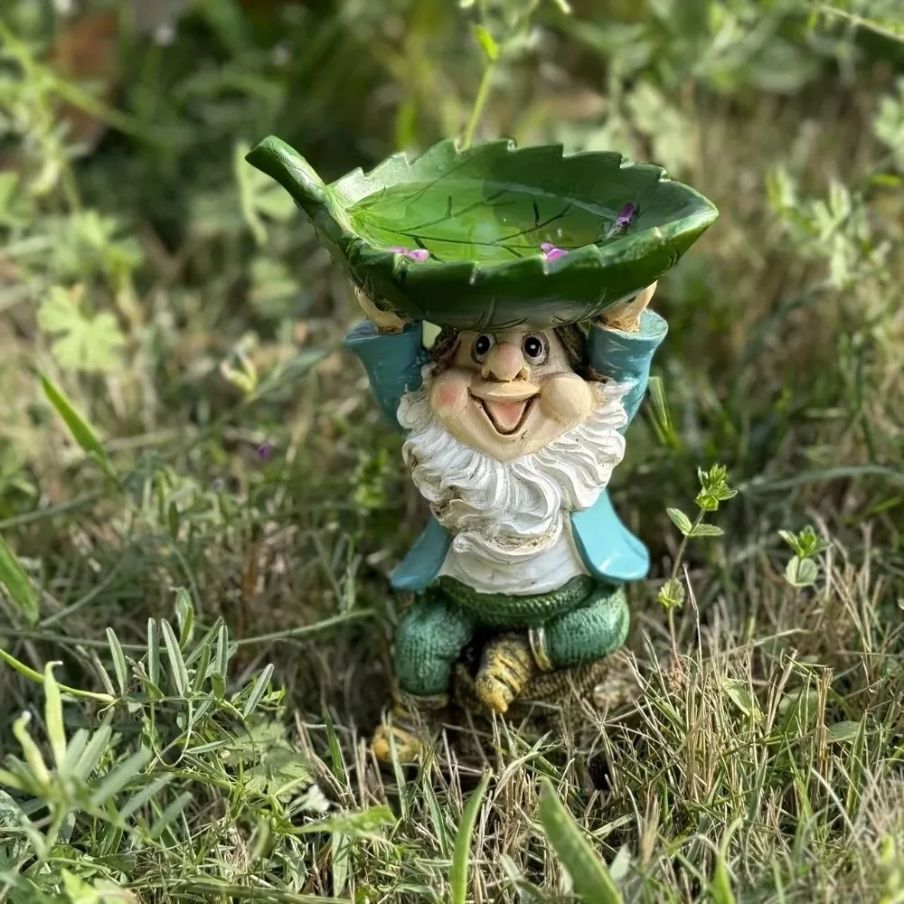 

Unique Cartoon Dwarf Sculpture Resin Fun Bird Feeder Holding Leaves Bird Bath Horticulture