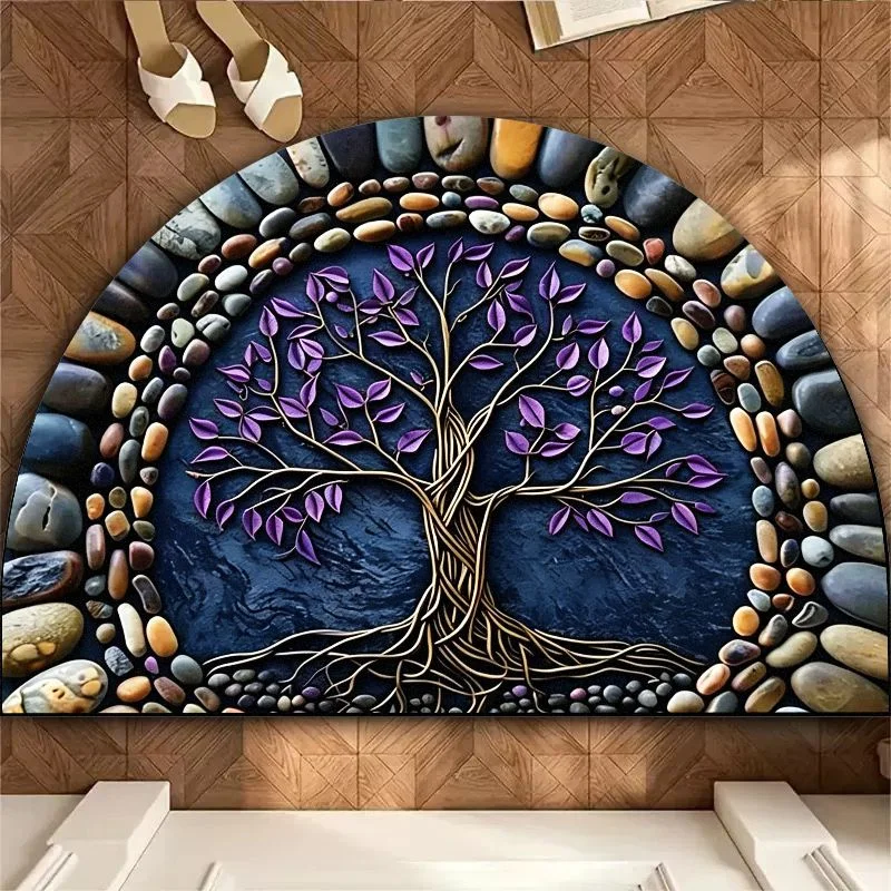 VIKAMA Half Circle Tree of Life Pebble Frame Entrance Door Mat Entrance Bathroom Entrance Home Carpet Home Decoration