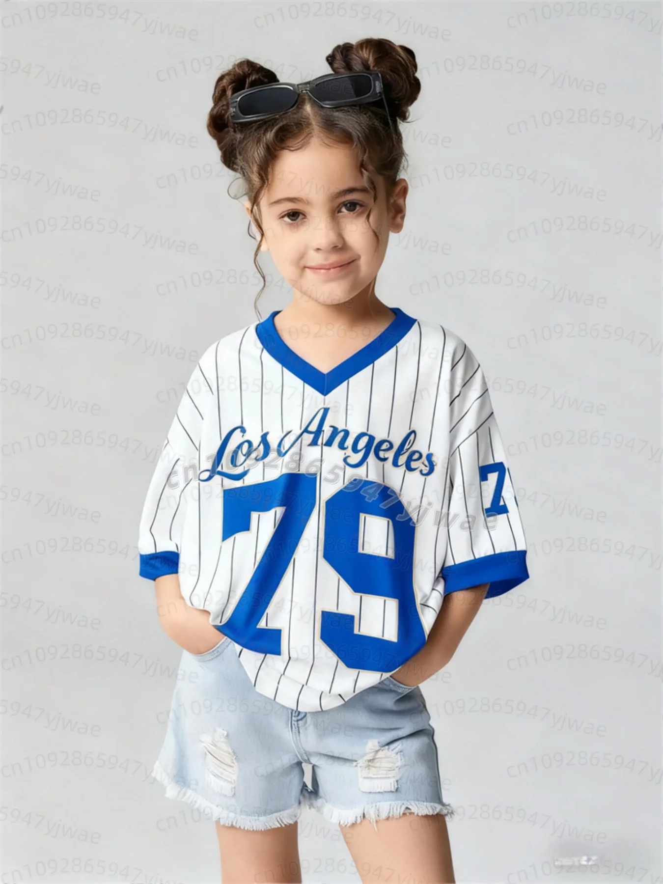 26 Mädchen Freizeit-Sportstil Los Angeles Nr. 79 Muster Farbblock-Print Kurzarm V-Ausschnitt Damen Kinder Erwachsene T-Shirt – Detail 7