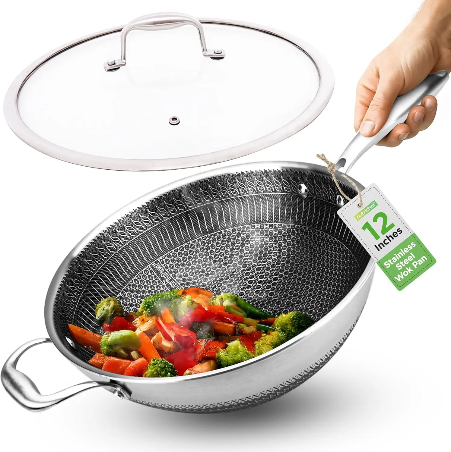 

12" Stainless Steel Wok - Induction Ready, Non-Stick Tri-Ply, Scratch-Resistant Honeycomb Pattern