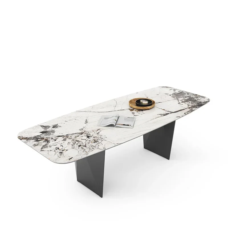 

Minimalist Rock Plate Dining Table Stainless Steel Feet Modern Minimalist Light Luxury Household Rectangular Dining Table