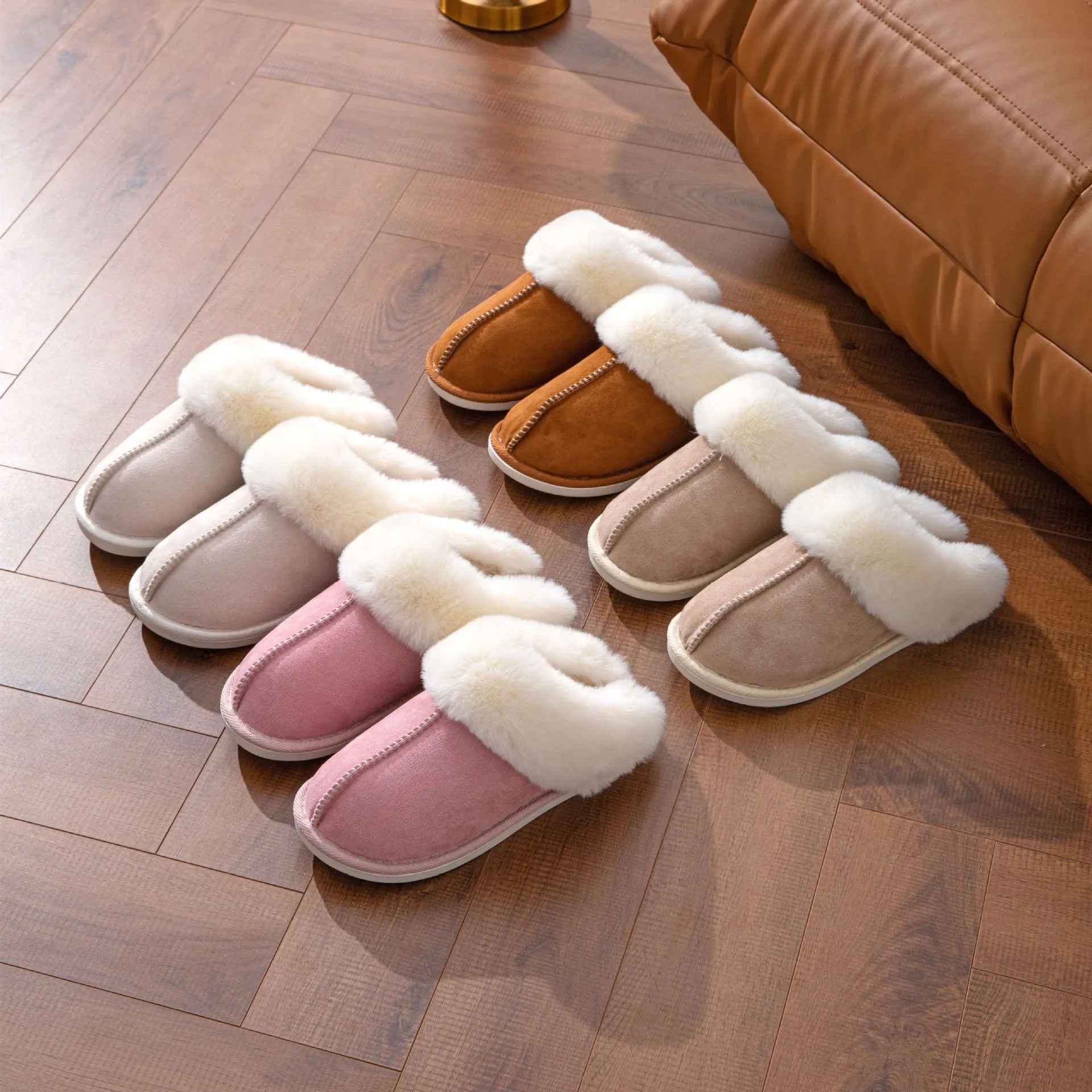 

Closed Toe Warm Cotton Slippers Women Faux Fur Thicken Plush Winter Home Shoes Woman Lightweight Casual Indoor Slides Female