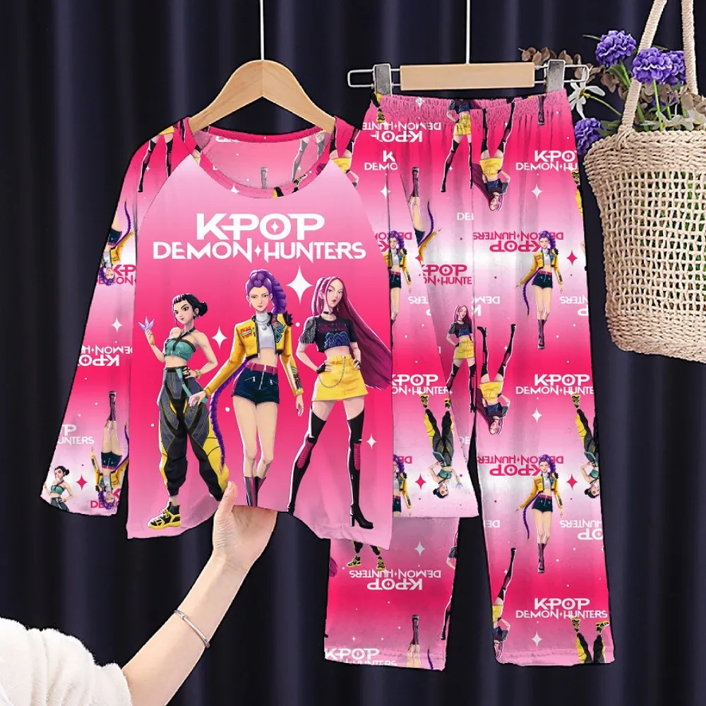 Pyjamasets voor meisjes van 3-12 jaar, Koreaanse tienerpyjama's in roze en paars, lange mouwen, kinderpyjama's, pyjama's voor jongens, 2-delige kinderkleding