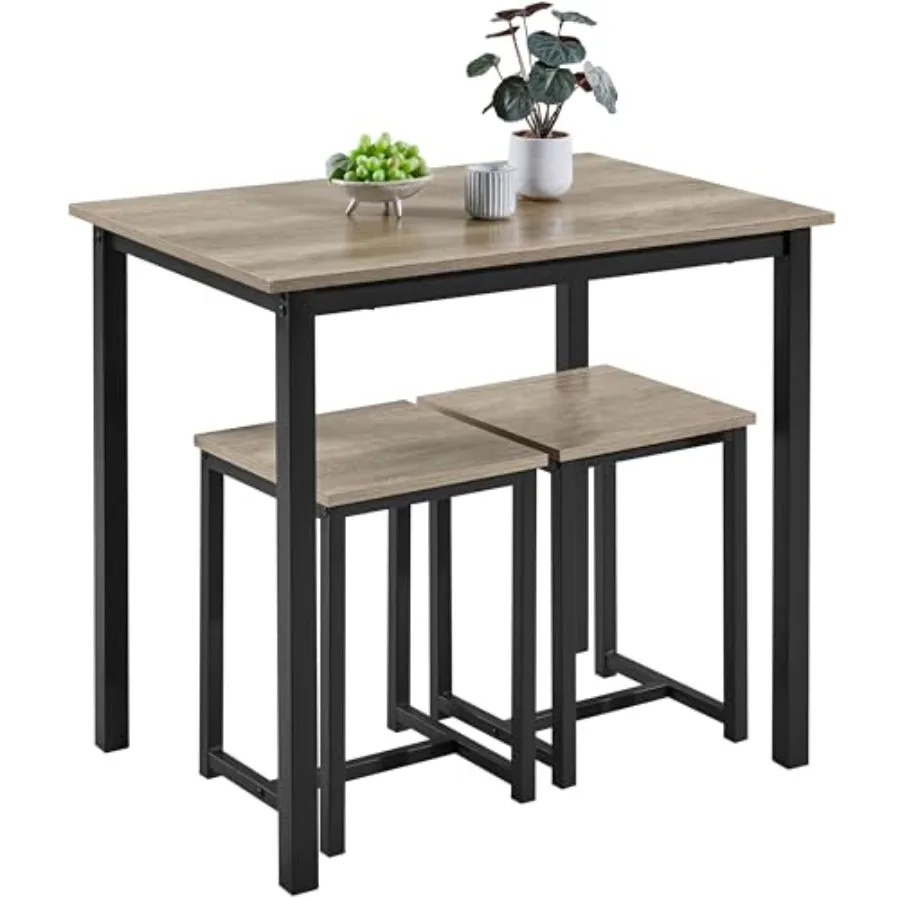 

3 Piece Dining Table Set - Compact Kitchen Table Chair Set for 2 with Gray Space-Saving Design and 2 Stools for Dinin