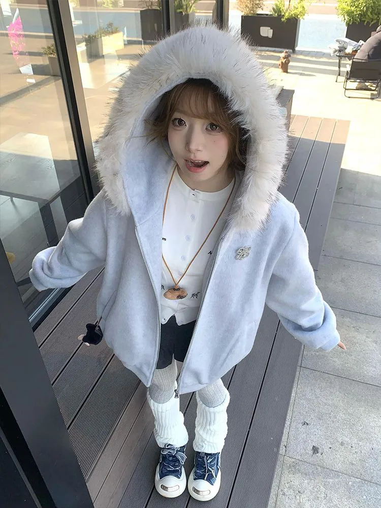 Cardigan ouvert à capuche rétro américain, sweat-shirt pour femmes, manteau en laine chaud Thiened, hiver, style coréen, sensation haut de gamme