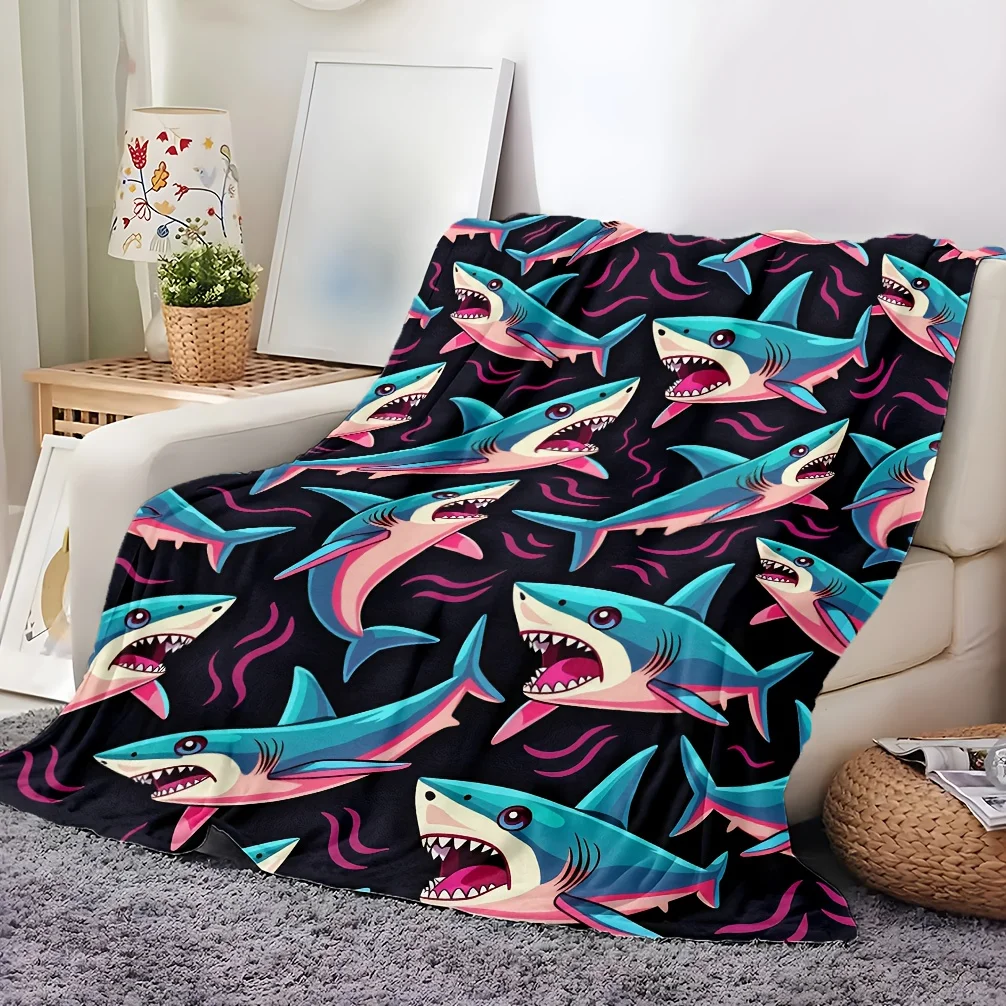 Cozy Shark-Themed Flannel Blanket - Soft, Breathable 100% Polyester with Vibrant HD Digital Print, All-Season Comfort for Family