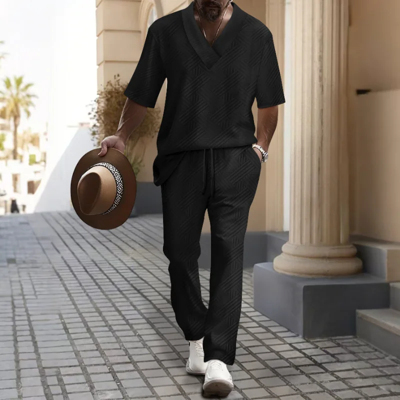 Men's Two Piece Set V-Neck Short Sleeve Top Long Pants Geometric Print Casual Daily Matching Outfit