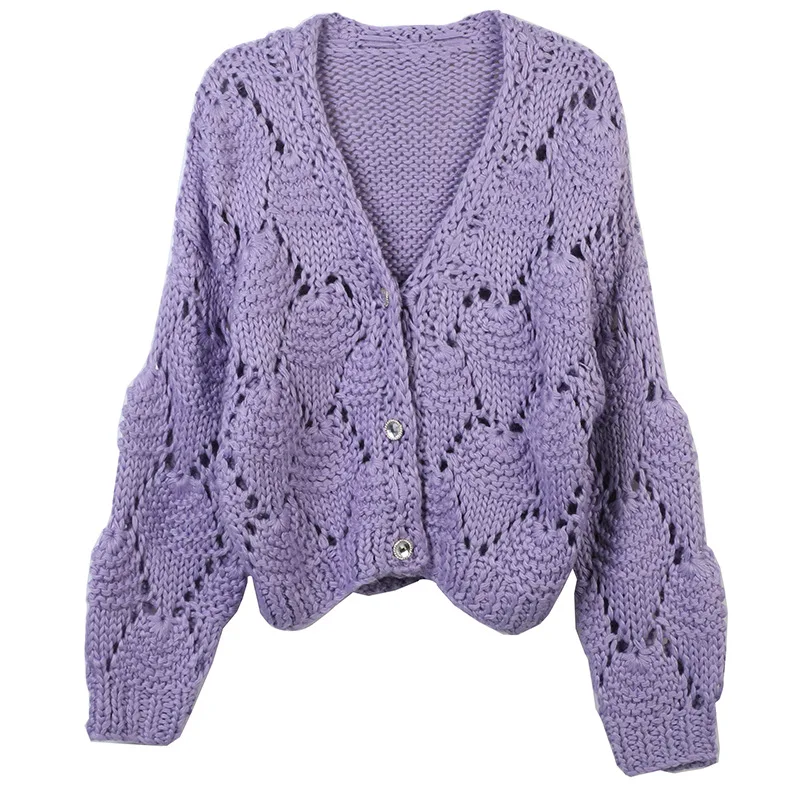 

Purple; Knitted cardigan jacket women Retro 2025 autumn/winter casual loose lazy thick basic Simple