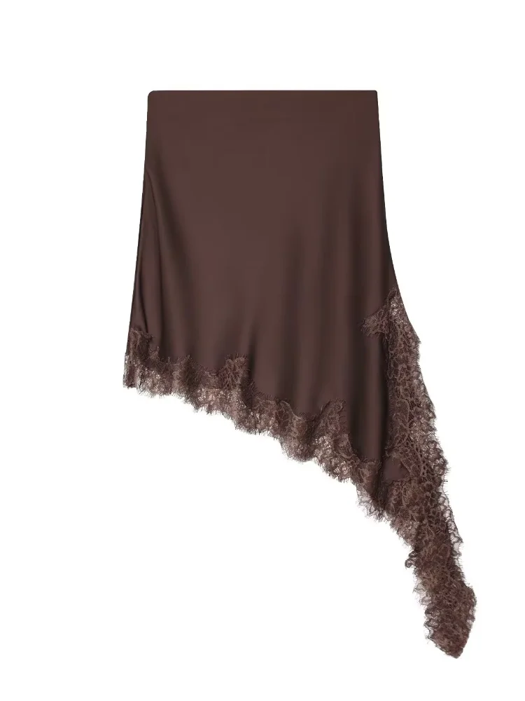 

Sexy Lace Patchwork Midi Skirt Casual Women High Waist Irregular Hem Slim Skirts 2026 Lady Spring Autumn Daily Commute Wear