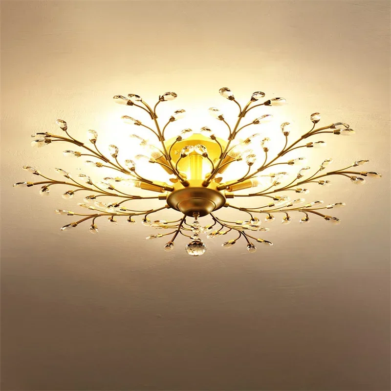 American Retro Flower Branch Crystal Ceiling Lights Living Room Dining Room Cafe Bedroom Simple