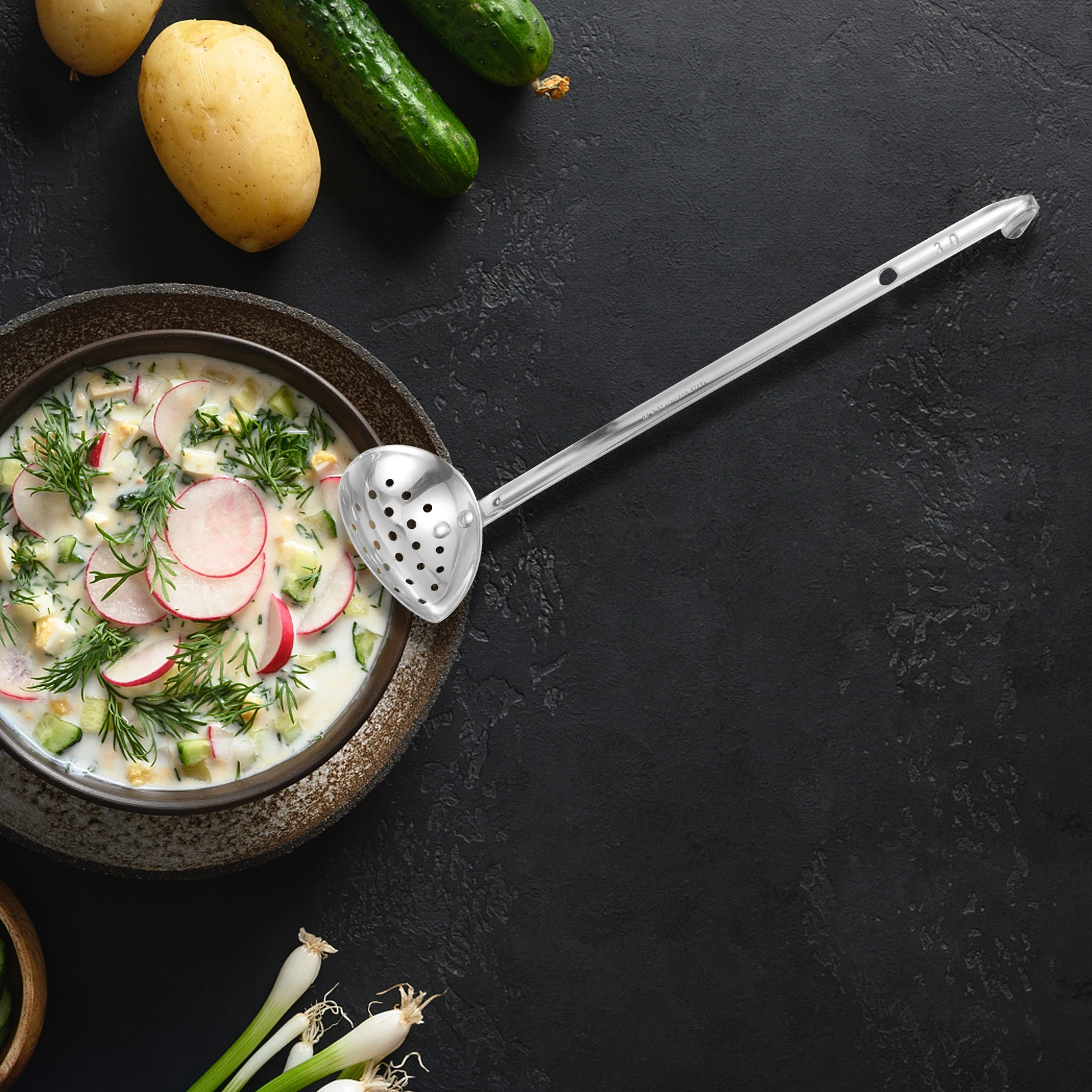 

Stainless Steel Slotted Spoon Colander Heat Resistant Kitchen Accessory Hanging Design Comfortable Handle Multi Function