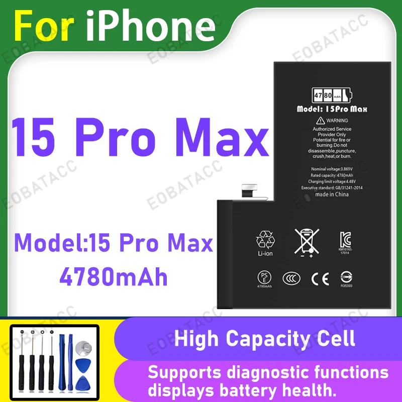 4780mAh Diagnostic Battery With Genuine Part Number Display No Pop-Up Message For iPhone 15 Pro Max High Quality Replacement +Fr
