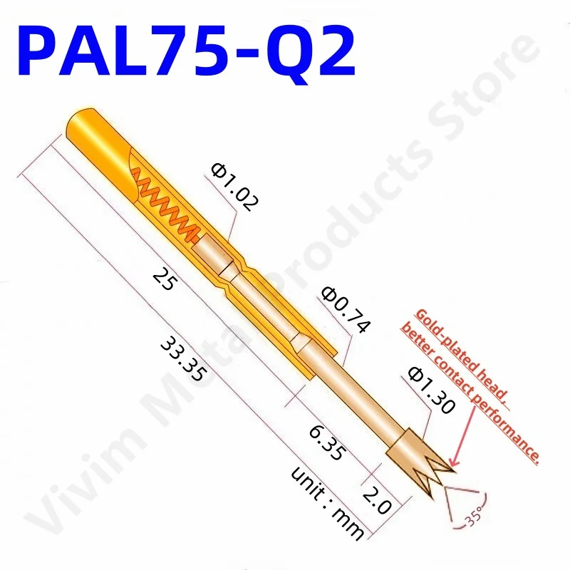 100PCS PAL75-Q2 Spring Test Probe Test Pin Pogo Pin PL75-Q2 PL75-Q ICT FCT PCB Test Tool 1.30/1.02/33.35mm Gold Needle Crown Tip