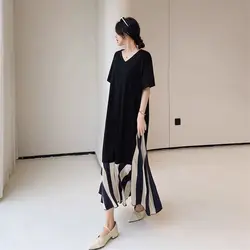 Temperament Black Patchwork Striped T Shirt Dress Summer New Loose V Neck Contrast Vintage Dress Fashion Elegant Women Clothing