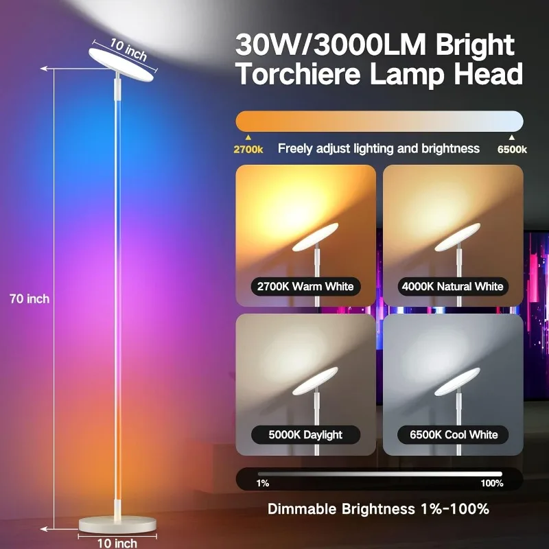 Imagem -05 - Lâmpada de Assoalho Torchiere Led de Canto Rgb Inteligente Controle Wifi-app 16 Milhões de Cores Faça Você Mesmo 2-em1 30w 3000lm Brilhante Lâmpada de Assoalho