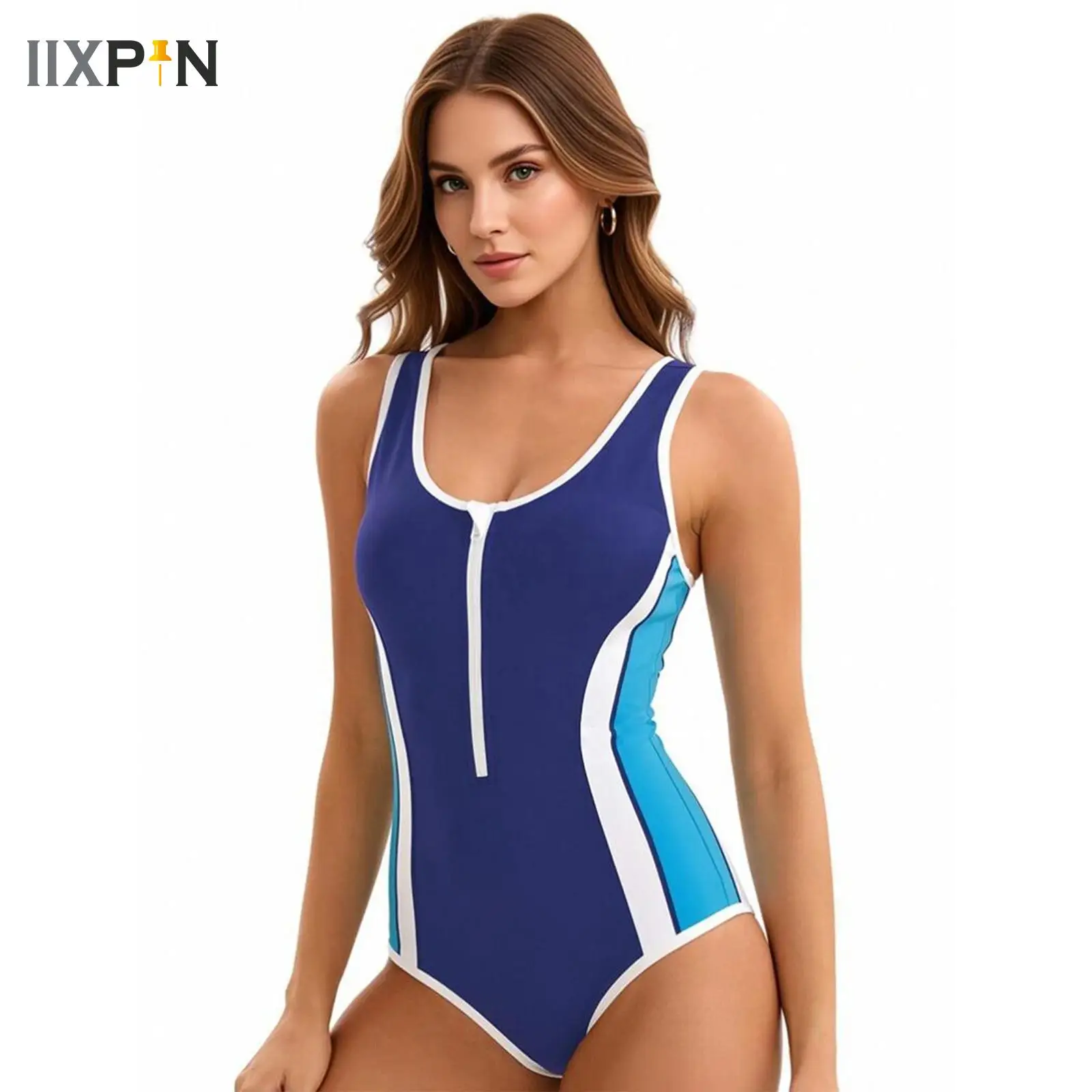 Women's One Piece Athletic Swimsuit Front Zipper Color Block Tummy Control Slimming Bathing Suit Backless Swimwear Sportswear