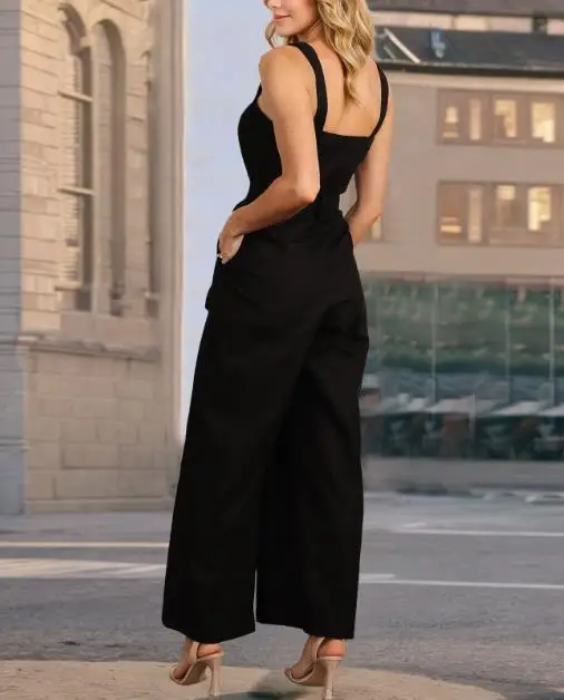 Tuta da donna nuova cintura alla moda da donna senza maniche cinturino con bottoni a vita alta con coulisse gamba larga ampia tuta da donna