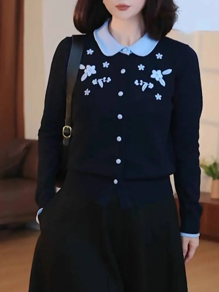 

Женский вязаный топ с длинными рукавами и воротником Питера Пэна, новинка 2025 года, облегающая верхняя одежда с вышивкой, кардиган, модный свитер F368