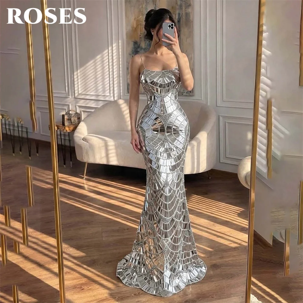 ROSES Silver Prom Dress Spaghetti Strap Celebrity Dress Full Sequin Beaded Women's Evening Dress Mermaid Formal Gown Customized